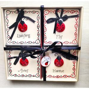 LADYBUG HANGING TILES-Embossed Ladybug-Black Hanging Ribbon-4.5"x4.5"-Set of 4